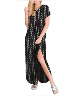 NWT ANRABESS Black Print Short-Sleeve T-shirt Casual Loose Side Slit Maxi Dress